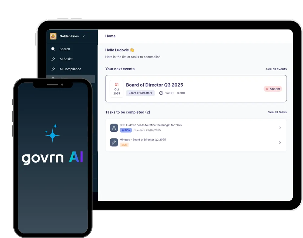 Govrn AI Platform - Mobile and Desktop Interface showing Board Management Features